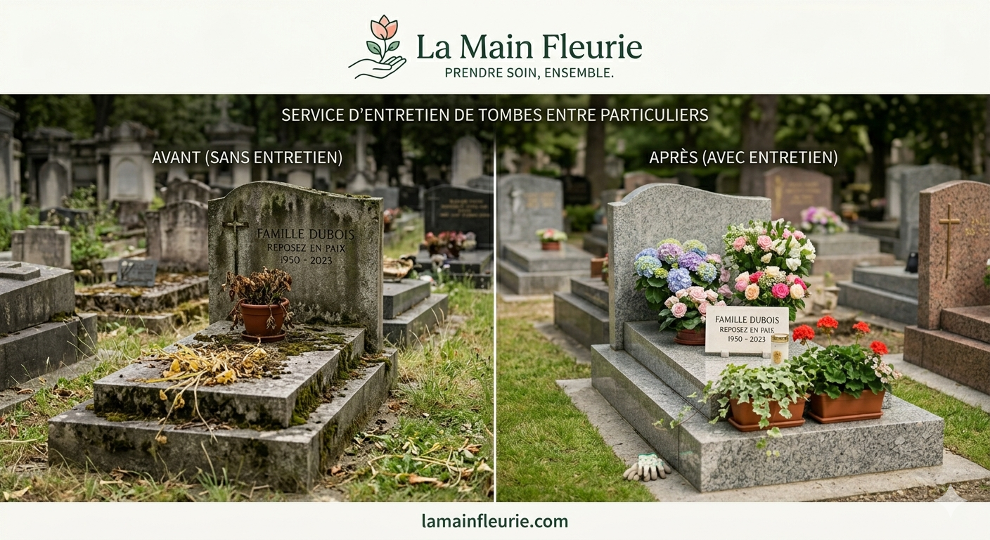 Transformation d'une sépulture : avant et après l'entretien par un prestataire La Main Fleurie